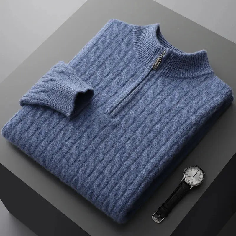 Autumn and winter new 100% merino cashmere sweater men's padded twist top zipper collar bottoming shirt plus size knit pullover NIQApparel