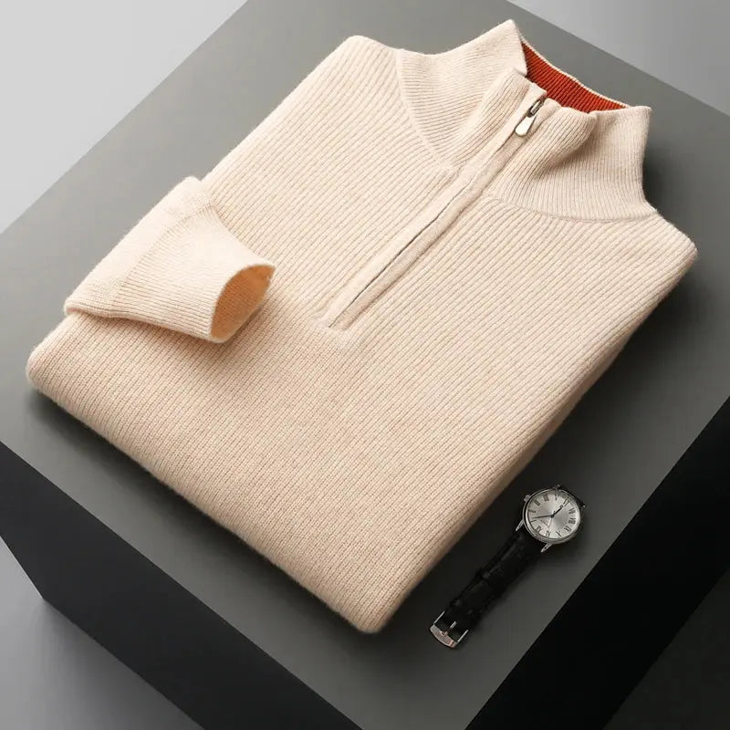 Autumn and Winter New 100% Merino Wool Sweater Men's Standing Neck Knit Pullover Solid Color Long Sleeve Thickened Warm Shirt NIQApparel
