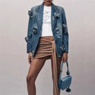2024 Spring NewWomen's Lapel 3D Flower DecoratedDenim Jacket y2k High Quality Fashion High Street Loose Cotton Washed SuitJacket NIQApparel