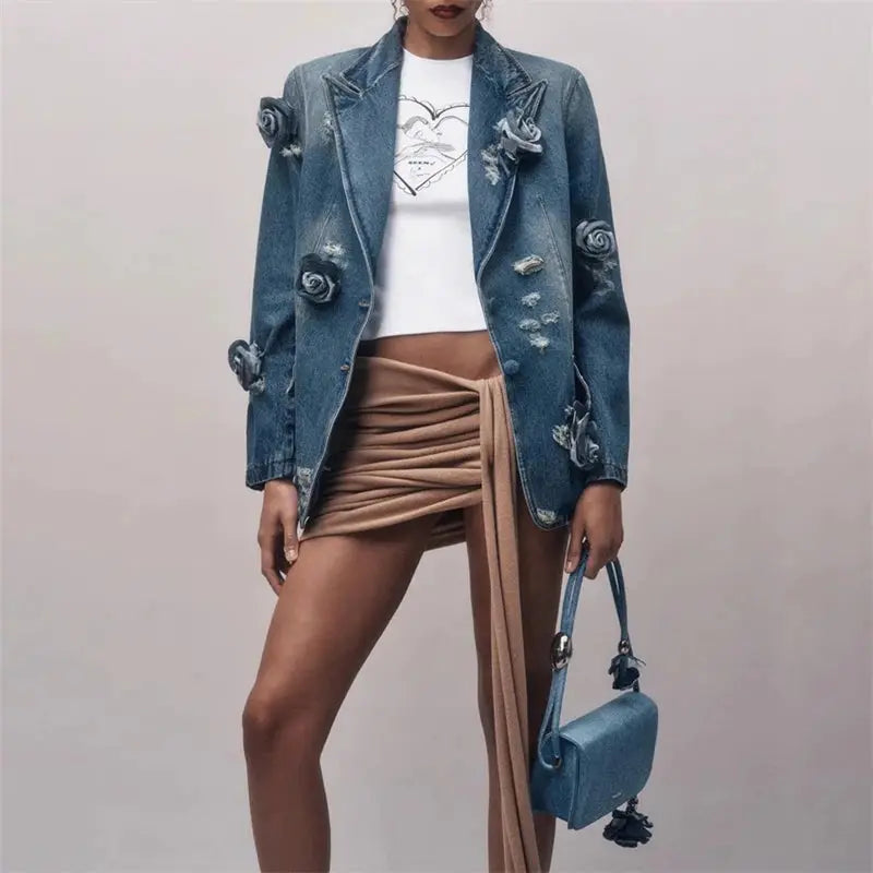 2024 Spring NewWomen's Lapel 3D Flower DecoratedDenim Jacket y2k High Quality Fashion High Street Loose Cotton Washed SuitJacket NIQApparel