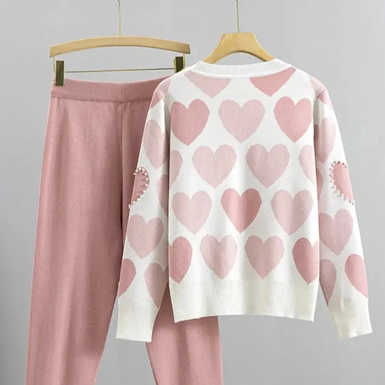 Love Print Knit Tops 2 Piece Sets Women Long Sleeve Beading Pullover Sweater Conjunto High Waist Knitwear 93cm Harem Pants Suits NIQApparel