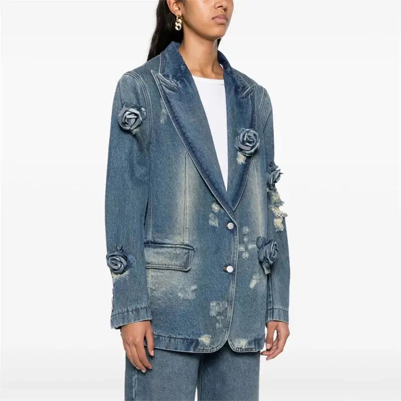 2024 Spring NewWomen's Lapel 3D Flower DecoratedDenim Jacket y2k High Quality Fashion High Street Loose Cotton Washed SuitJacket NIQApparel