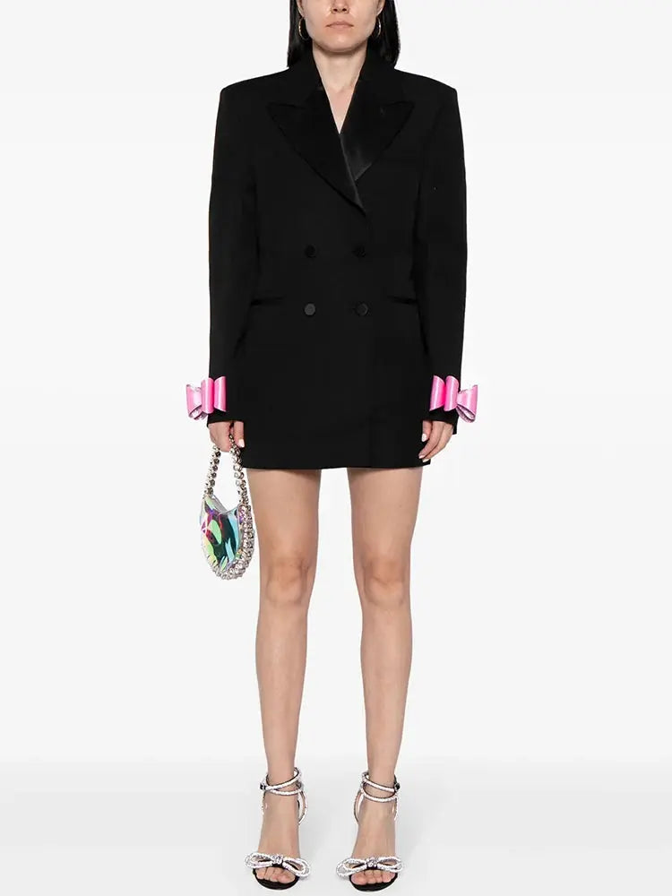 HIGH STREET Newest 2024 Designer Fashion Women's Double Breasted Bow Blazer Dress NIQApparel