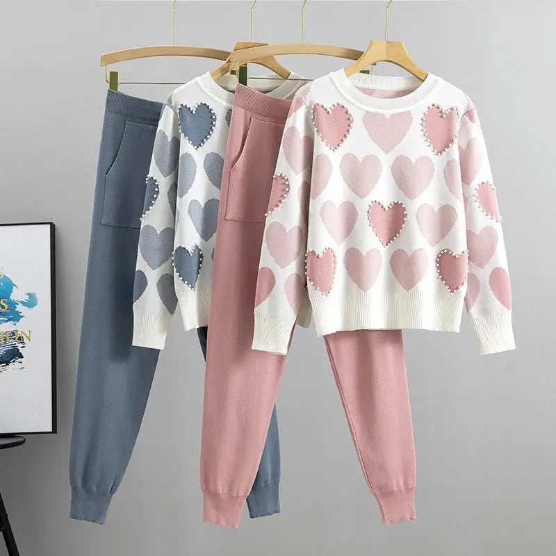 Love Print Knit Tops 2 Piece Sets Women Long Sleeve Beading Pullover Sweater Conjunto High Waist Knitwear 93cm Harem Pants Suits NIQApparel