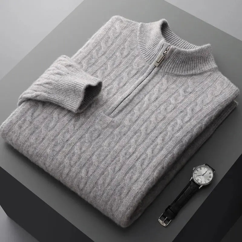 Autumn and winter new 100% merino cashmere sweater men's padded twist top zipper collar bottoming shirt plus size knit pullover NIQApparel