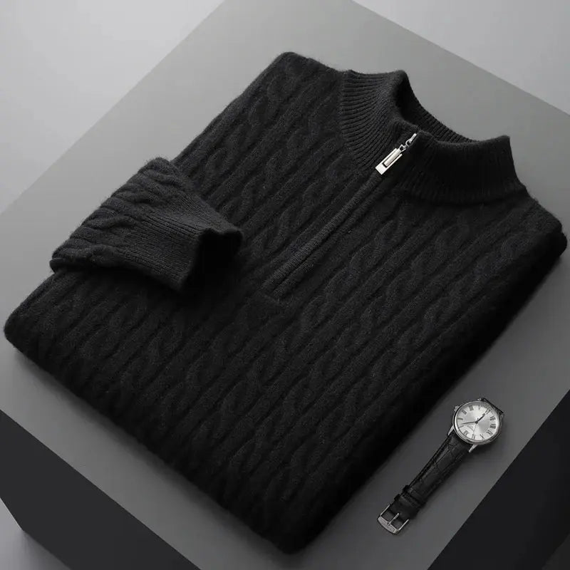 Autumn and winter new 100% merino cashmere sweater men's padded twist top zipper collar bottoming shirt plus size knit pullover NIQApparel