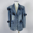 2024 Spring NewWomen's Lapel 3D Flower DecoratedDenim Jacket y2k High Quality Fashion High Street Loose Cotton Washed SuitJacket NIQApparel