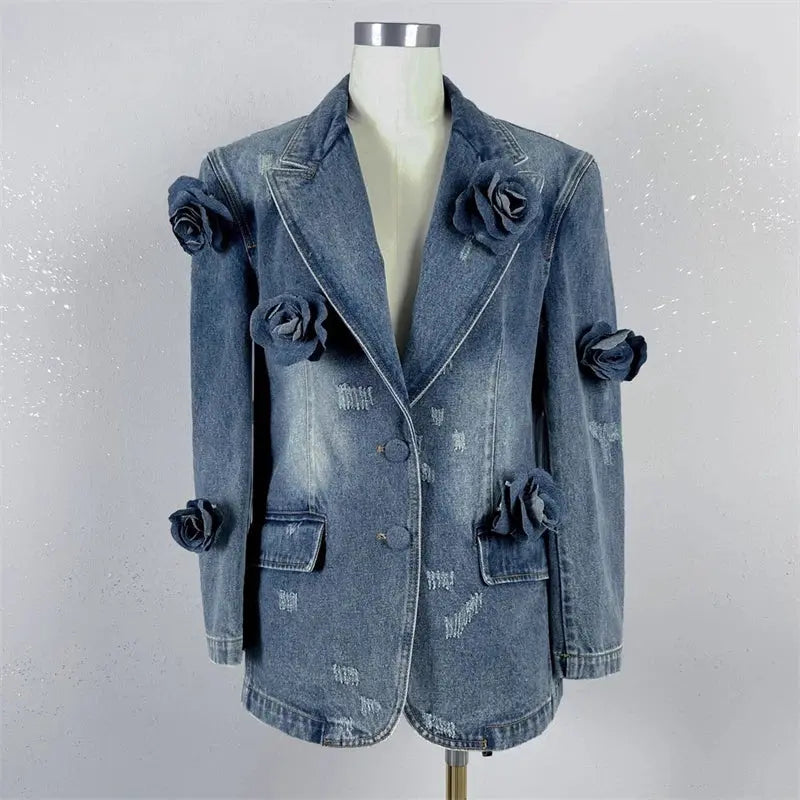 2024 Spring NewWomen's Lapel 3D Flower DecoratedDenim Jacket y2k High Quality Fashion High Street Loose Cotton Washed SuitJacket NIQApparel