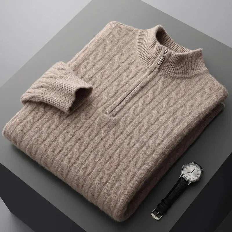 Autumn and winter new 100% merino cashmere sweater men's padded twist top zipper collar bottoming shirt plus size knit pullover NIQApparel
