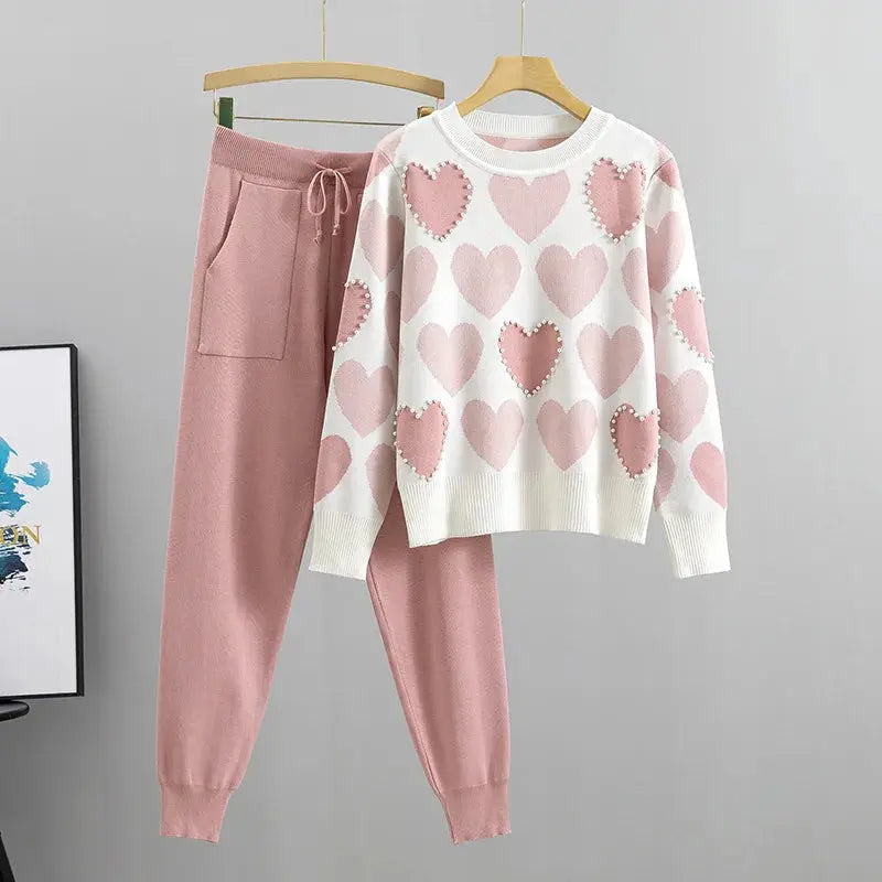 Love Print Knit Tops 2 Piece Sets Women Long Sleeve Beading Pullover Sweater Conjunto High Waist Knitwear 93cm Harem Pants Suits NIQApparel